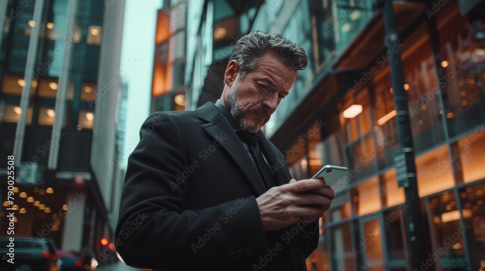 Man in Trench Coat Looking at Cell Phone Man in Trench Coat Looking at Cell Phone