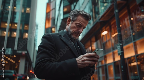 Man in Trench Coat Looking at Cell Phone