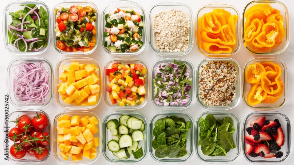 Colorful Vegan Meal Prep Setup with Stuffed Peppers and Salads Colorful Vegan Meal Prep Setup with Stuffed Peppers and Salads