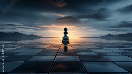 Minimalist 3D chessboard extending into the horizon, dark geometric pieces,