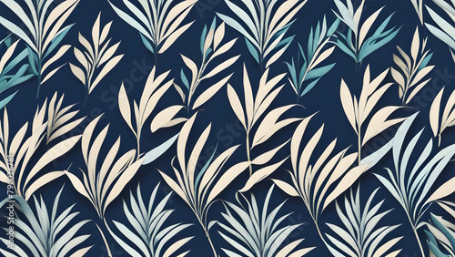 A close up of a blue and white wallpaper with a pattern of leaves generative ai