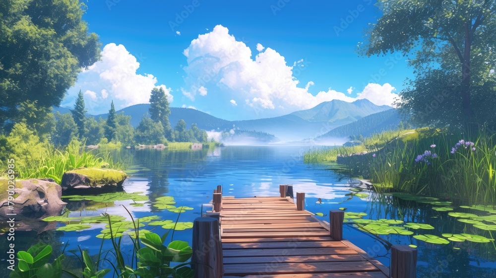 Fototapeta premium An idyllic scene of a serene lake with a charming wooden jetty perfect for a relaxing vacation getaway