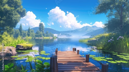 An idyllic scene of a serene lake with a charming wooden jetty perfect for a relaxing vacation getaway photo