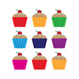 Cake Baked Goods Cupcake Bake Bakery Sweet Tooth Muffin Icing Decorated Cherry on top illustration colourful colorful Design Vector Simple Flat Fun Playful Children's Style Isolated White Background