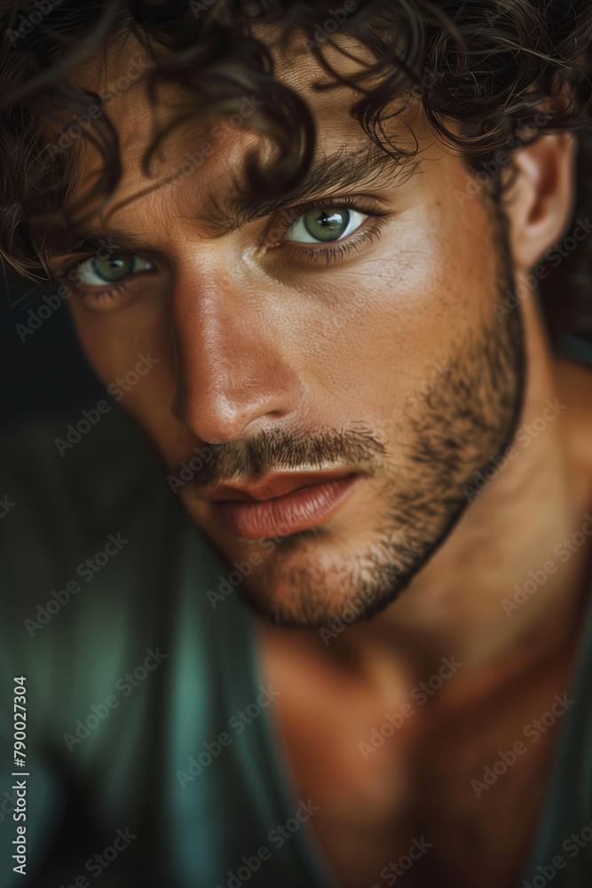 closeup portrait of handsome man, olive skin, sharp cheekbones, dark green eyes, curly dark brown hair, thoughtful look, fictional chatacter, atractive model
