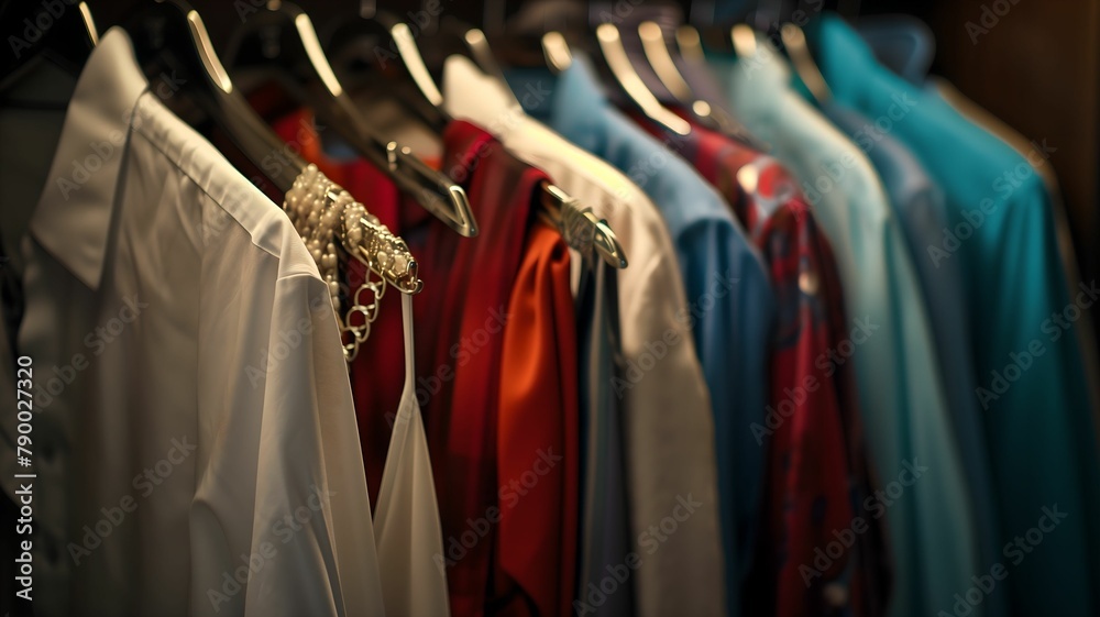 A pristine closet scene featuring a row of perfectly hung garments on hangers