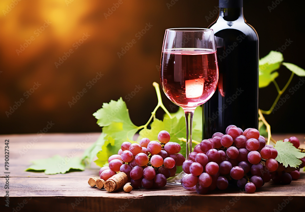 Bottle and glass of red wine next to a bunch of grapes with a blurred background