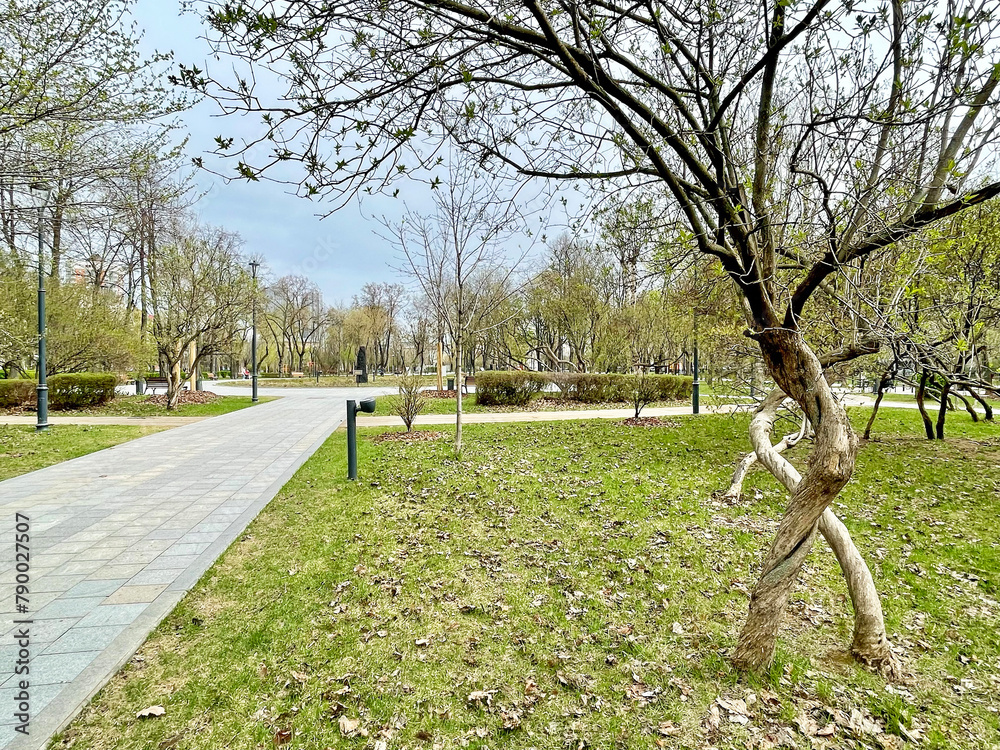 Moscow, Russia, April, 18, 2024.December Uprising Park in Moscow in cloudy spring weather