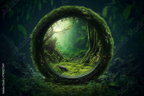 Misty mossy forest tree fairy tale in circe frame. photo