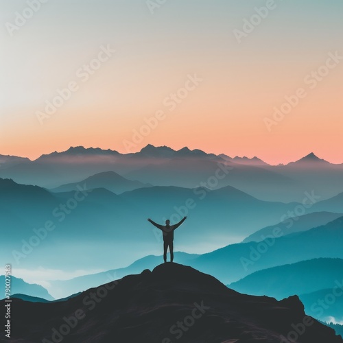 Silhouette of a person with arms raised on a mountain peak during a colorful sunrise.