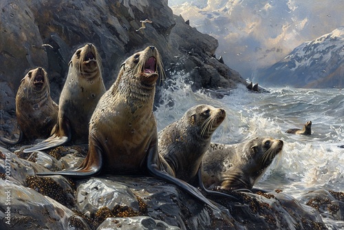 A group of playful sea lions sunbathing on rocky shores, their barks filling the air with life