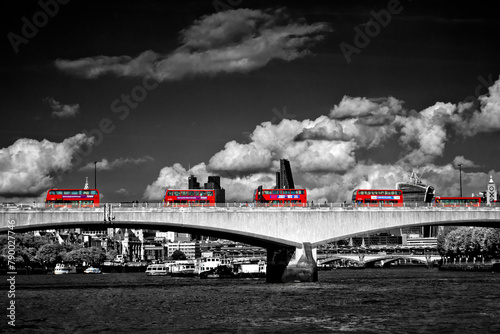 Red London Buses Waterloo Bridge England