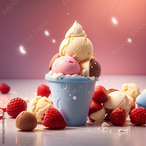 mix ice cream of vanilla strawberry and chocolate with berries in the background photo