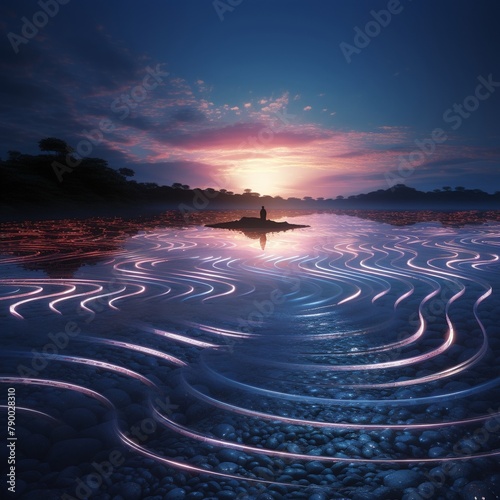 Rippling time stream visualized through genetic sequences, gratitude for past and future insights, interactive display, twilight ambiance,  photo