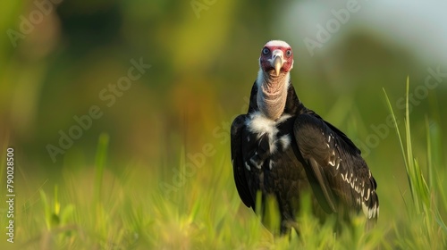 White headed Vulture seeks food while perched on grass