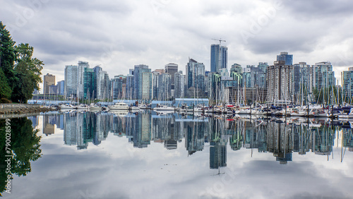 High Rise Buildings form the Downtown and Coal Harbour skyline, viewed from the Vancouver Harbor