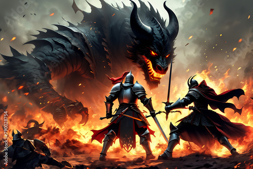 a chivalrous knight fighting the devil, Generative AI	
