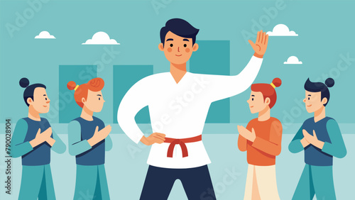 A young man with a hearing impairment confidently leads a martial arts class using sign language and visual demonstrations to instruct his