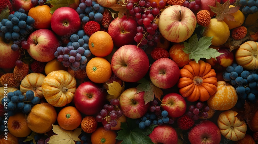background with harvested fruits and vegetables in autumn. 
