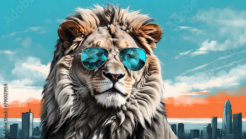 a vector illustration of a grayscale lion wearing aviator sunglasses and visible against the backdrop of big cityscape in duotone