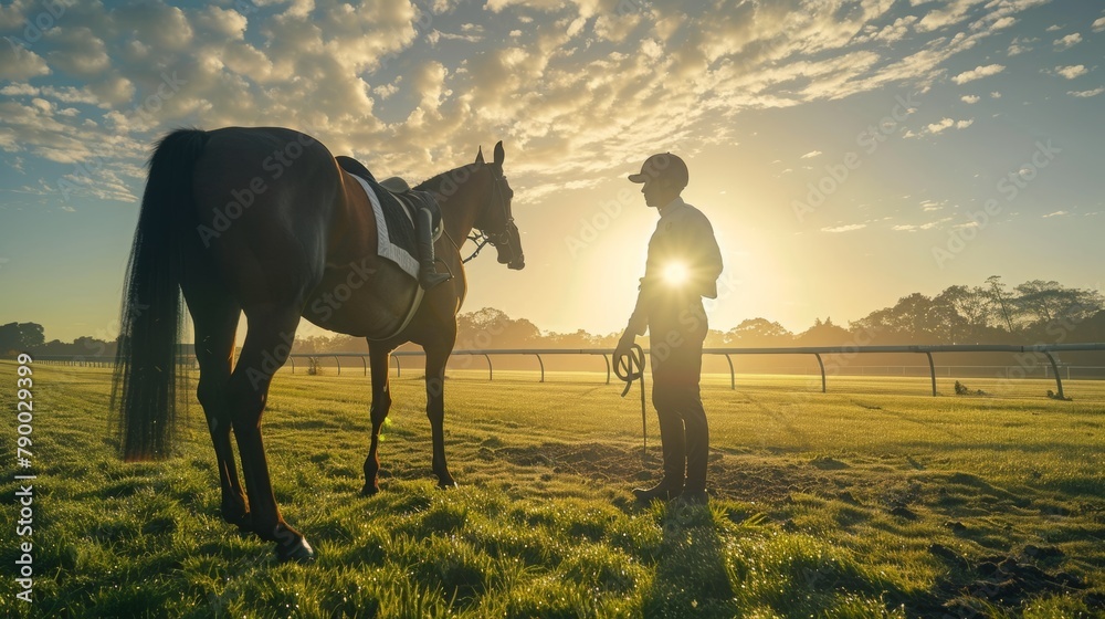 Obraz premium Morning Preparations: Wide Shot of Horsetrainer, Race Horse, and Jockey on Turf Track