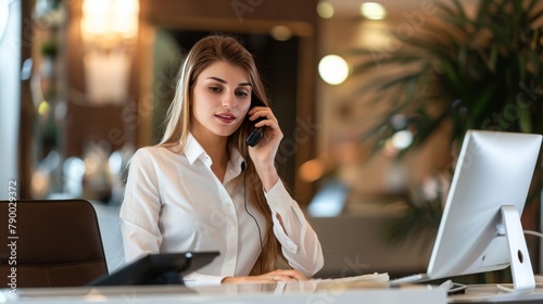 Front Desk Efficiency: Hotel Manager Juggling Phone Call and Computer Tasks