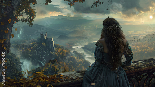 Background view of fantasy queen looking out on her kingdom