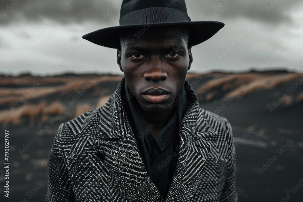 A black male model in distinctive luxury attire poses against the stark contrast of somber black sand dunes A black male model in distinctive luxury attire poses against the stark contrast of somber black sand dunes