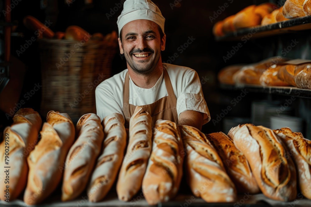 Pastry shop owner, mature happy baker standing in his shop Pastry shop owner, mature happy baker standing in his shop