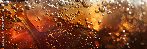 A close-up of a soda with ice cubes, condensation dripping, fizzing bubbles, and refreshing drink.