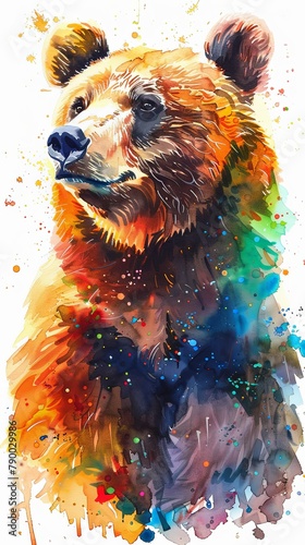 Vertical portrait watercolor painting of brown bear grizzly