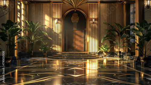 luxury art deco stage , interior of hotel hall, architecture, style