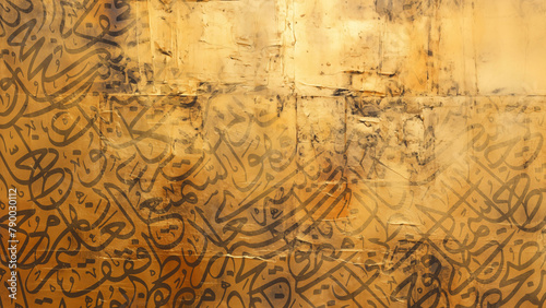 Arabic calligraphy wallpaper on a Gold wall with a black interlocking background subtitles  interlacing Arabic letters 