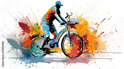 Abstract colorful illustration of a man riding a stationary bike on a white background © Philipp