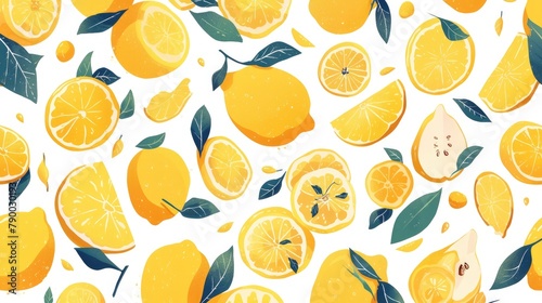 A vibrant pattern showcasing lemons and slices outlined against a crisp white backdrop