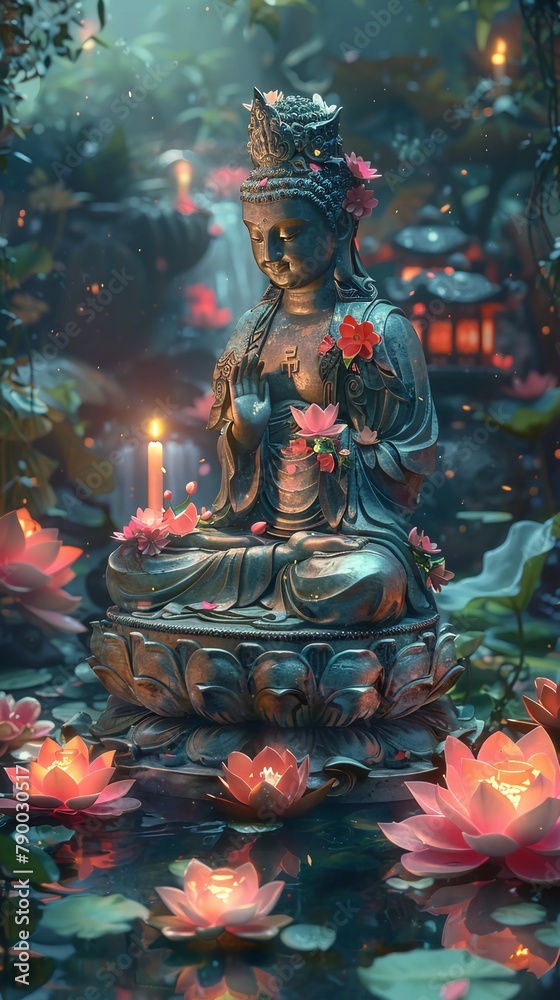 Tranquil Buddha Statue In Meditation Amidst A Pond Of Floating Lotus Flowers And Candles, Mystical Garden. Vesak Celebration, Spa Zen Decor. Vertical Banner. AI Generated