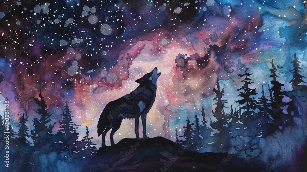 A watercolor painting of a wolf howling at the night sky.
