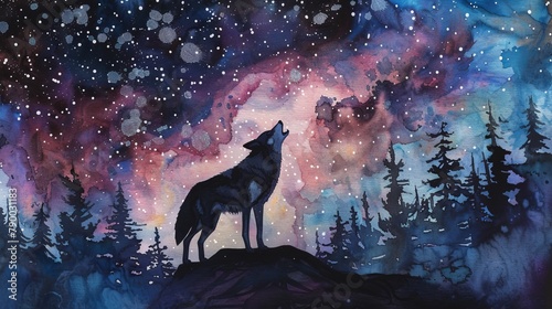 A watercolor painting of a wolf howling at the night sky.