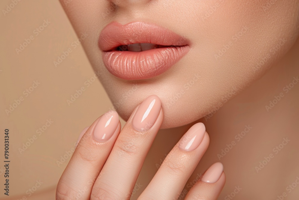 Smooth fresh glowing skin woman touching her face in beige background for beauty and skincare concepts.