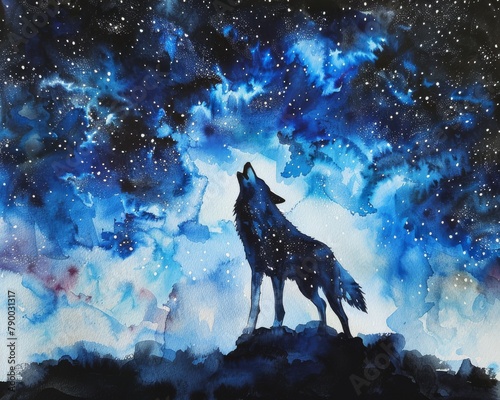 A watercolor painting of a wolf howling at the starry night sky.