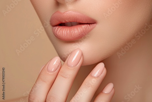 Smooth fresh glowing skin woman touching her face in beige background for beauty and skincare concepts.