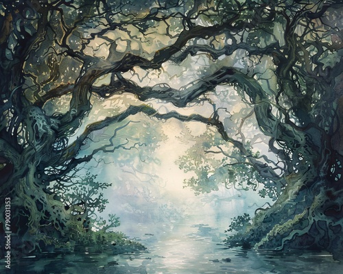 An ethereal landscape painting of a river flowing through a dense enchanted forest