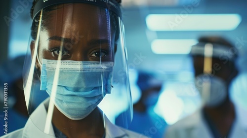 A closeup portrait of an African American female doctor wearing protective gear and visor.
