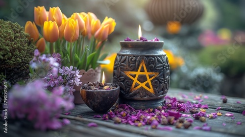 ceramic jar decorated with yellow pentacle star and a candle inside it on the table with tulips and purple flowers in he garden at spring.  #790031364