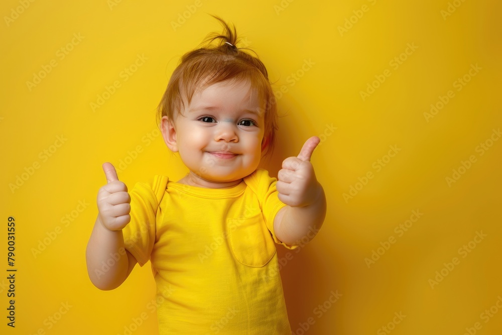 A cute little baby in a yellow t-shirt shows a thumbs up gesture on yellow background. A cute little baby in a yellow t-shirt shows a thumbs up gesture on yellow background.
