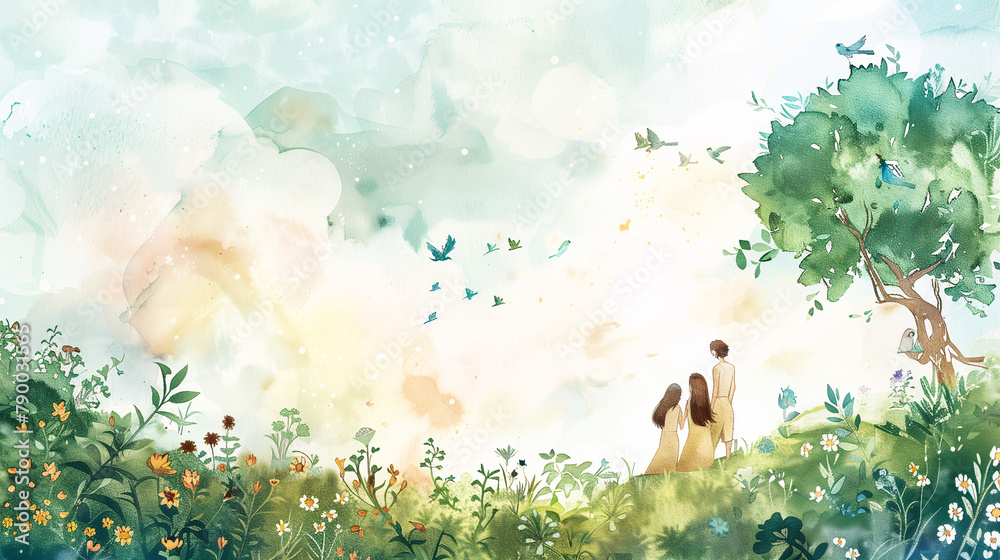 Adam and Eve in the garden of eden concept Stock Illustration | Adobe Stock