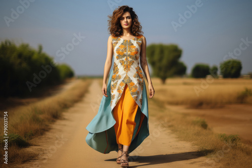young indian woman walking at field
