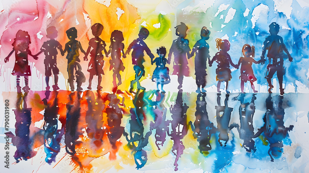 A group of children holding hands. standing in front and behind each other with their backs to the camera. The watercolor painting depicts colorful reflections on wet ground 