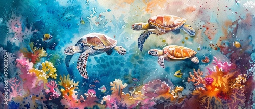 Three sea turtles swim over a colorful coral reef.