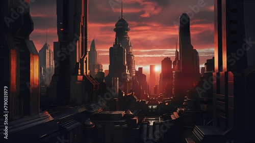 A dystopian cityscape with towering skyscrapers and a blend of futuristic and retro architectural styles. The overall atmosphere is a perfect blend of fantasy and reality.
